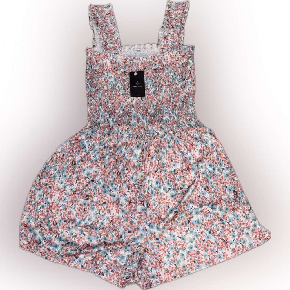 NWT Floral Smocked Romper with Ruffled Straps - Pink/Blue